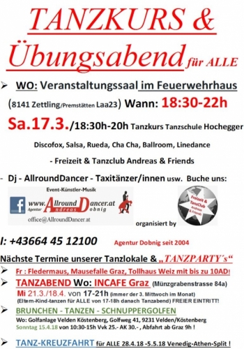 Tanzkurs Hochegger 17.3. Zettling um 18-30 und Golfen Brunchen tanzen So 15.4. Velden ab 10:30 Info +436644512100